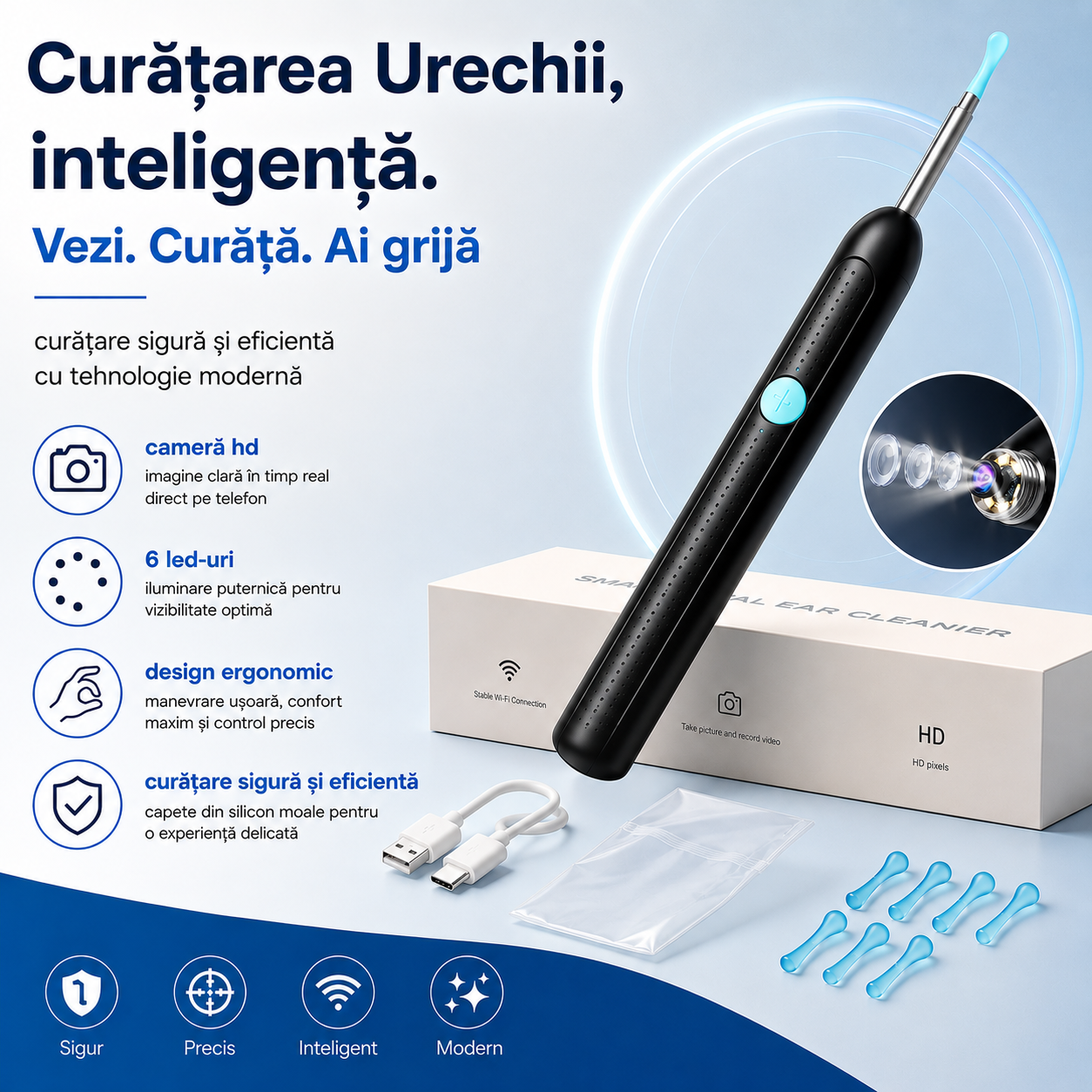 CamMicroscop pentru Urechi cu Cameră HD - Curățare Sigură și Vizualizare în Timp Real